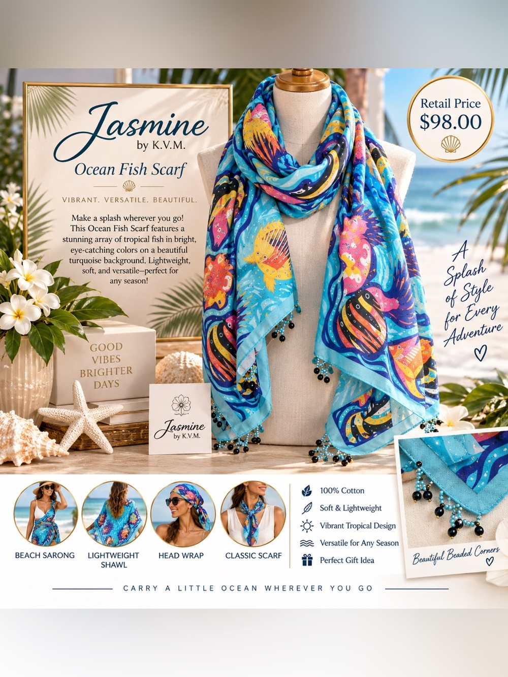 Jasmine by K.V.M. Tropical Ocean Fish Scarf 100% Cotton 70x40 Beaded NWT